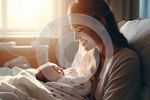 Beautiful young mother holding her newborn in maternity ward after delivery. New mom welcoming her first child into the world.