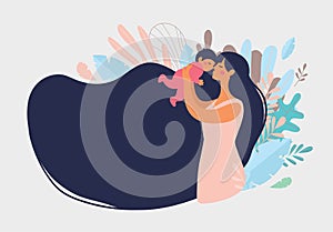 Beautiful young mother holds a baby. The concept of family, motherhood, pregnancy. Modern vector flat illustration