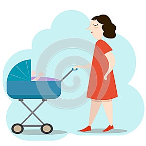 Beautiful young mother in red dress walking with her newborn baby in a blue pram colorful vector illustration
