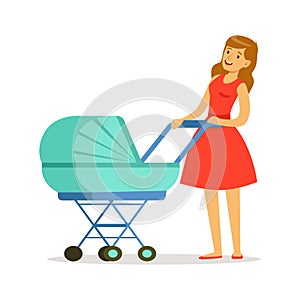 Beautiful young mother in red dress walking with her newborn baby in a blue pram colorful vector Illustration