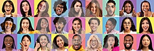 Beautiful young multicultural people showing diverse emotions, set of photos