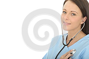 Beautiful Young Natural Female Doctor Listneing To Her Own Heartbeat with Stethoscope