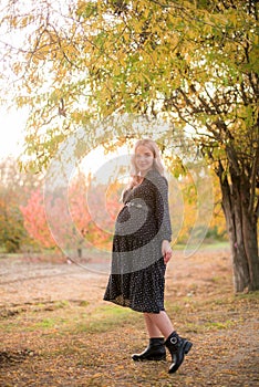 Beautiful young pregnant woman with long blond hair in autumn park in sunny weather