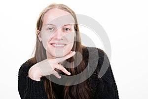 Beautiful young pretty woman portrait smiling cute girl with long blonde hair hands under chin on white background