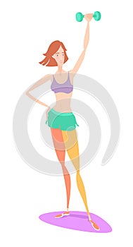 Beautiful young red-haired woman standing holding fitness dumbbell wearing sport clothing bra and shorts, tights at gym