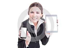 Beautiful young sales female showing modern technology devices