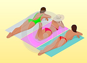 Beautiful young slim woman sunbathe on the beach on a sunbed near the sea, beach, summer vacation, girl Isometric