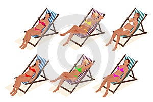 Beautiful young slim woman sunbathe on the beach on a sunbed near the sea, beach, summer vacation, girl Isometric