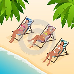 Beautiful young slim woman sunbathe on the beach on a sunbed near the sea, beach, summer vacation, girl Isometric