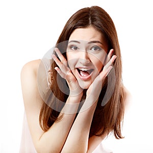 Beautiful young smiling woman happy ecstatic gesturing surprise