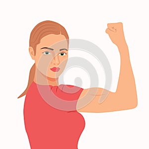 Strong powerful woman shows her arm muscles vector illustration. Women`s power