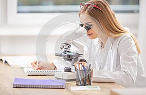 Beautiful young researcher looking into a microscope, writing down notes