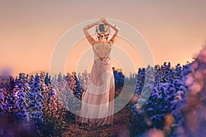 Beautiful young stylish woman posing on the field at sunset