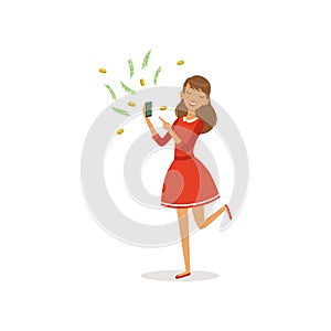 Beautiful young successful rich woman character in red dress earning money with smartphone, financial success colorful