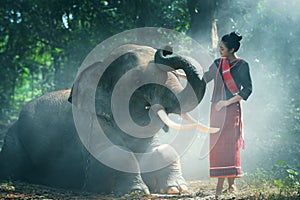 Beautiful young Thai woman northeast style is enjoy dancing and playing with elephant in the jungle