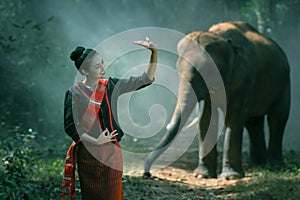 Beautiful young Thai woman northeast style is enjoy dancing and playing with elephant in the jungle