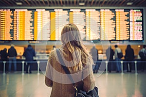 Beautiful young tourist girl with backpack and carry on luggage in international airport, near flight information board