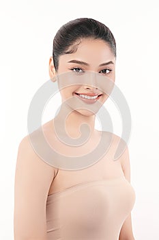 Beautiful Young transgender woman with clean fresh skin on white background, Face care, Facial treatment, Cosmetology, beauty and