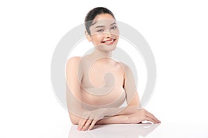 Beautiful Young transgender woman with clean fresh skin on white background, Face care, Facial treatment, Cosmetology, beauty and