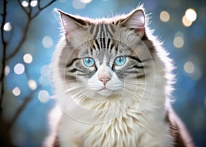 Beautiful young white cat with blue eyes on an abstract background.