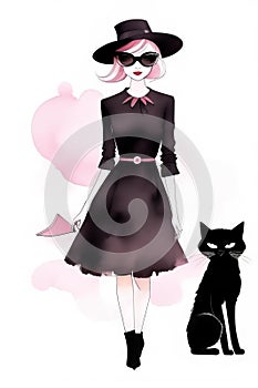 Beautiful young witch with black cat. Halloween. Fashion illustration