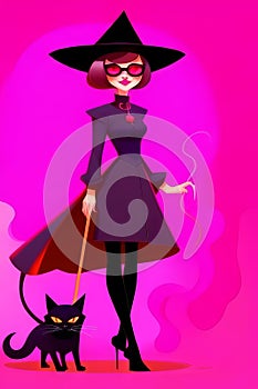 Beautiful young witch with black cat. Halloween. Fashion illustration