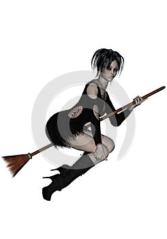 Beautiful young witch flying on her broomstick photo