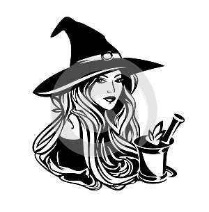 Beautiful young witch herbalist healer with mortar and pestle black vector outline portrait