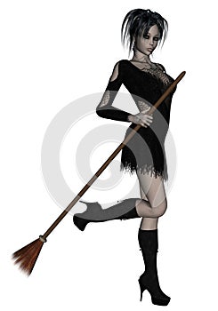Beautiful young witch holding broomstick