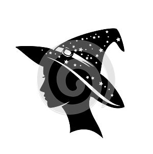 Beautiful young witch lady wearing traditional cone hat black vector silhouette portrait