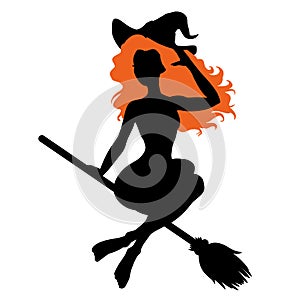 Beautiful young witch woman sitting on the broom, sexy girl silhouette, Halloween costume, vector illustration