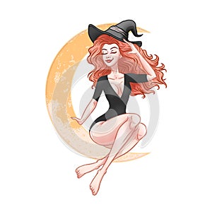 Beautiful young witch woman sitting on the moon, sexy girl pin-up, Halloween costume, vector illustration