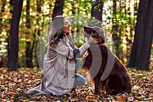 Beautiful young woman in autumn park with her dog breed Irish Setter. Emotions of delight, affection and care