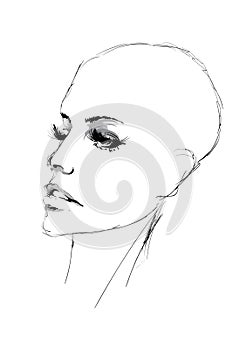 Beautiful young woman with  bald hea and expressive look. Fashion sketch. Fashion girls face. Hand-drawn fashion model. Woman face