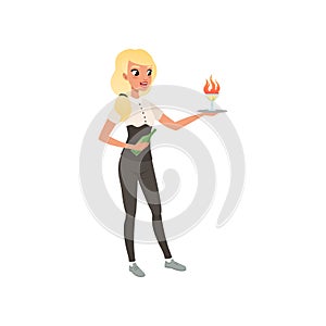 Beautiful young woman bartender holding a tray with alcohol flaming cocktail, barman character mixing a cocktail drink