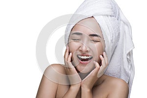 Beautiful Young Woman After Bath Touching Her Face,Skincare,Perfect skin