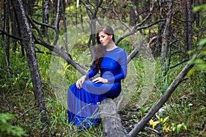 Beautiful, young woman in a blue dress is sitting on a fallen tree in the background of a forest and dry twigs.