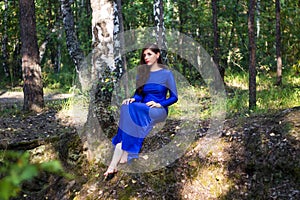 Beautiful, young woman in a blue dress is sitting near a tree over a cliff, against a forest background.