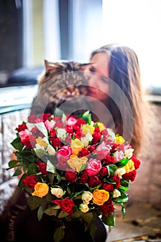Beautiful young woman with a bouquet of roses and blurred cat