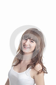 Beautiful Young Woman With Brackets on Teeth