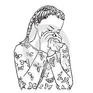 Beautiful young woman with braids blows her nose in a handkerchief because of spring allergy or sick, or crying Vector