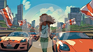 Beautiful young woman and cars. Pop art retro  illustration