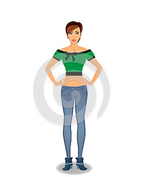 Beautiful young woman cartoon character in tight blue jeans