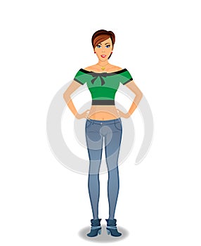Beautiful young woman cartoon character in tight blue jeans photo