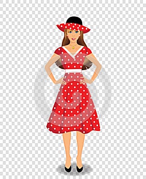 Beautiful young woman character wearing red dress and hat