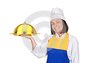 Beautiful Young Woman Chef with Golden Restaraunt Cloche