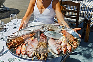 Beautiful, young woman chooses fresh fish