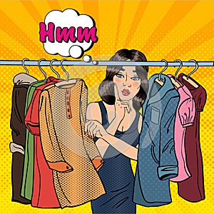 Beautiful Young Woman Choosing Clothes in her Wardrobe. Pop Art. Vector