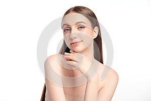Beautiful young woman with clean fresh skin on white background, Face care, Facial treatment, Cosmetology, beauty and spa, women