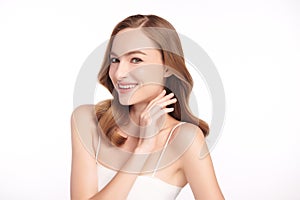 Beautiful young woman with clean fresh skin on white background, Face care, Facial treatment, Cosmetology, beauty and spa, women